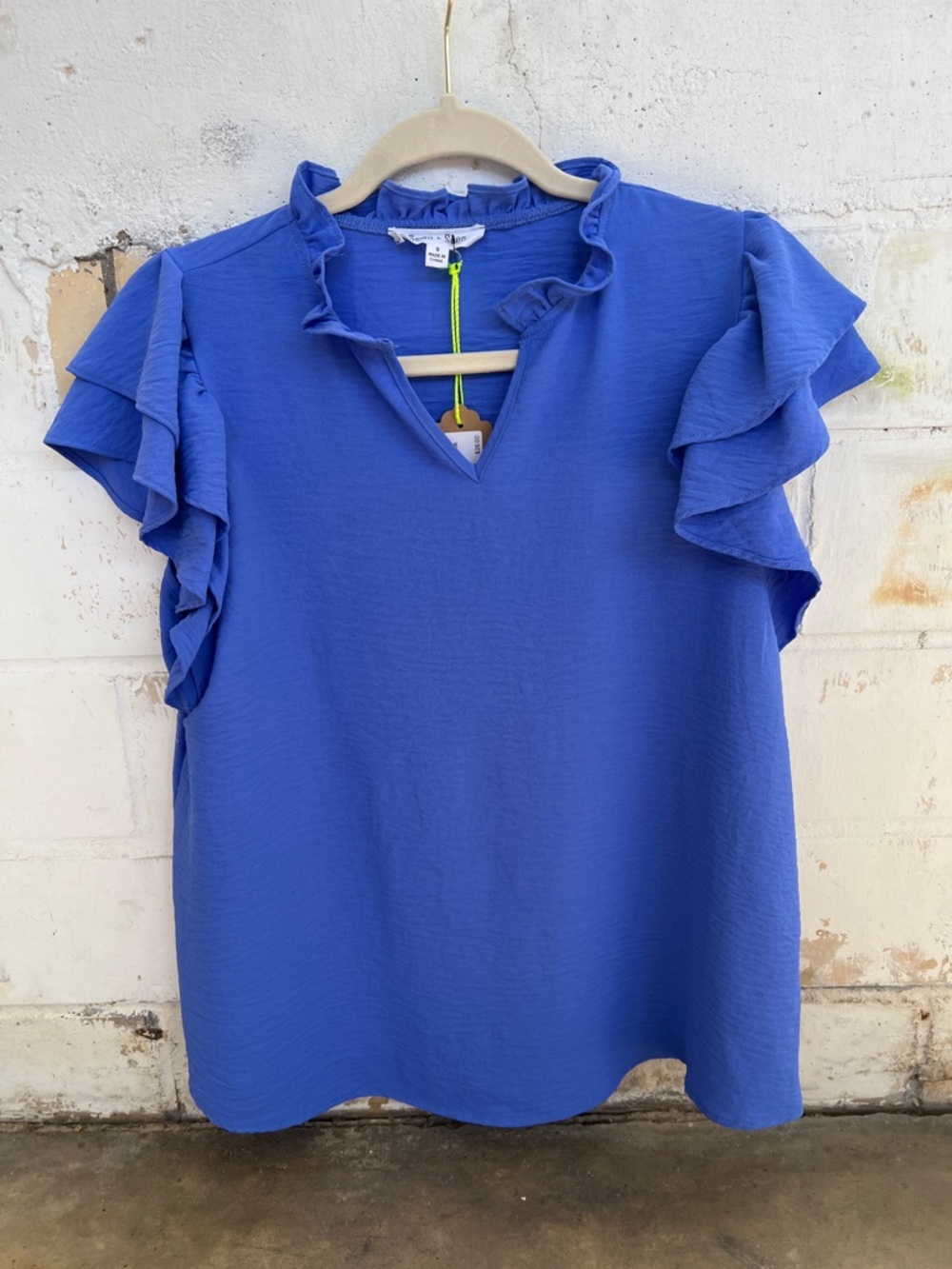 Women’s Ruffle Sleeve V-Neck Blouse in Cobalt Blue